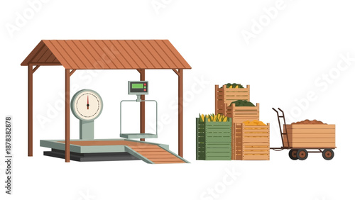 Outdoor market setup with scale, crates, and wooden cart in farmyard.