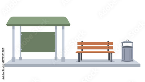 Bus stop shelter with bench and trash can on sidewalk.
