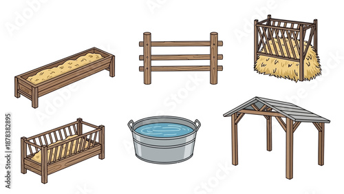 Collection of rustic wooden farm structures including troughs, fences, pens and shelters in a rural setting.