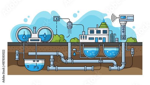 Illustration of a Water Treatment Plant with Pipes, Valves, and Piping Infrastructure Diagram.