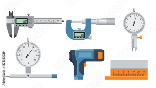 Set of precision measuring tools including calipers micrometer and dial gauges for engineering and measurement.