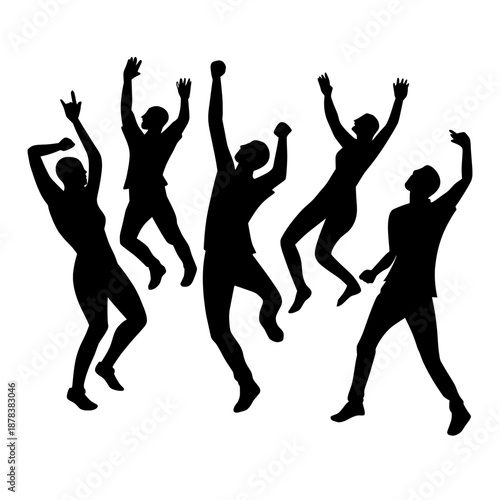 Dynamic black silhouettes of five people jumping and dancing in celebration. High-energy graphic for party, success, and group unity concepts against a neutral background.