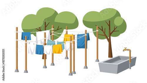 Outdoor laundry drying area with clothesline under trees in a courtyard.