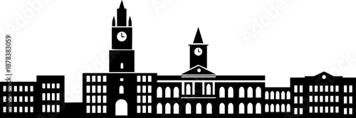 Black silhouette of a university campus skyline featuring clock towers and academic buildings. Professional graphic for higher education, graduation, and school architecture themes.