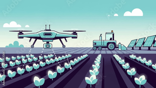 Aerial Drone Technology Over Modern Farm Field Demonstrating Spraying and Monitoring.