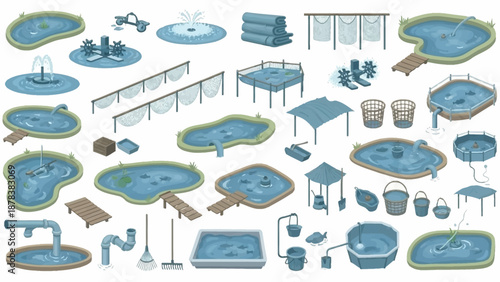 Collection of outdoor poolside amenities and leisure features including pools loungers umbrellas and decks.