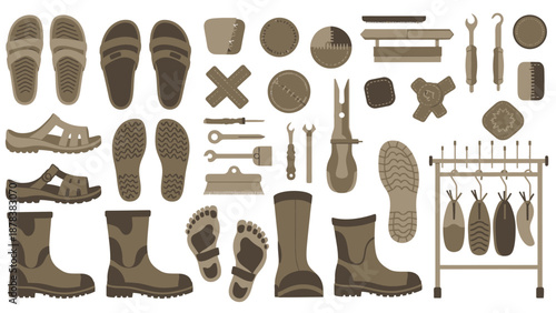 Diverse collection of vintage tools, footwear, and hardware silhouettes displayed as abstract brown shapes.