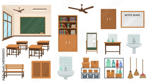 Inviting School Classroom Interior with Desks, Chalkboard, Bookshelves and Office Furniture.