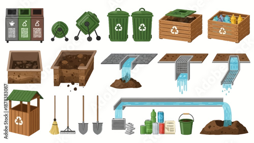 Diverse waste bins and recycling containers arranged for sorting and urban waste management.