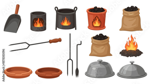 Collection of various outdoor cooking utensils and campfire cookware laid out.