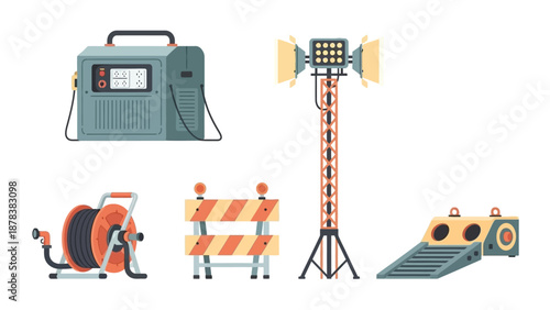 Collection of industrial construction equipment and safety gear including tools, barriers, and communication towers at a worksite.