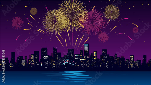 Festive night sky with exploding fireworks illuminating a city skyline with reflections on the water below, celebrating a special occasion