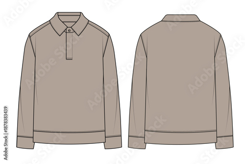 Long sleeve polo sweatshirt technical flat sketch template vector. Men's casual collared shirt technical drawing front and back. Technical fashion sketch of a minimalist long sleeve polo shirt.
