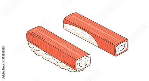 Two pieces of surimi or imitation crab meat sticks with white and red layers are presented in a clean and simple modern vector illustration style.