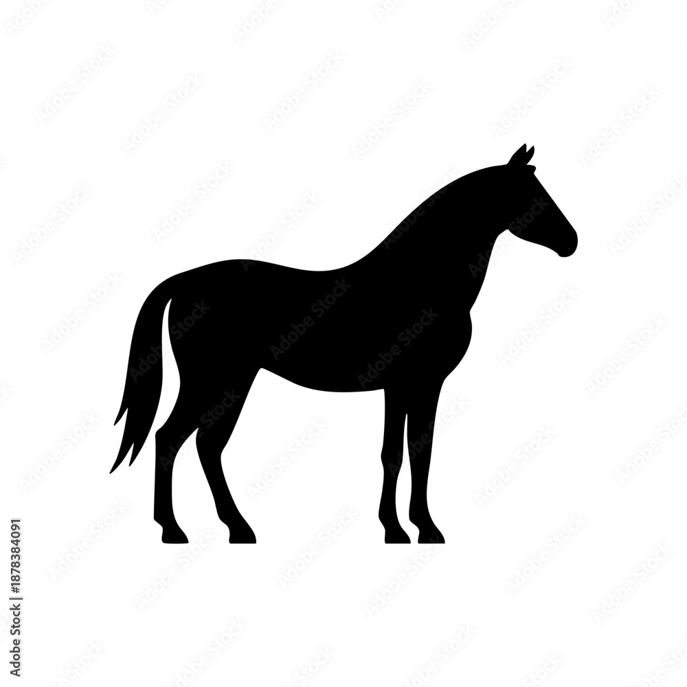 Fototapeta premium Black horse silhouette vector illustration isolated on white background. Side view of a standing horse icon for logo or graphic design.