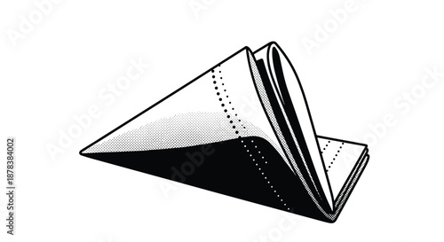 Black and white illustration of a neatly folded cloth napkin standing upright in a decorative triangle shape on a white background.