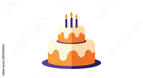 Two-tier birthday cake with orange and white frosting and three purple candles lit on top, isolated on a white background.
