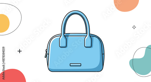 Stylish blue leather handbag with two handles and a zipper, placed on a decorative background with colorful abstract shapes.