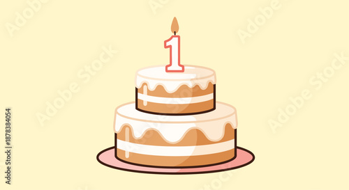 Two-tier birthday cake with creamy frosting and a single large candle in the shape of the number one, isolated on a yellow background.
