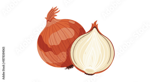 Group of fresh yellow onions with one halved to display the white inner layers and core, isolated on a white background.