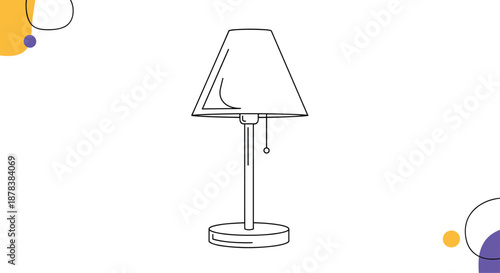 Minimalist line drawing of a classic desk lamp with a conical shade and a pull chain, isolated on a decorative background.