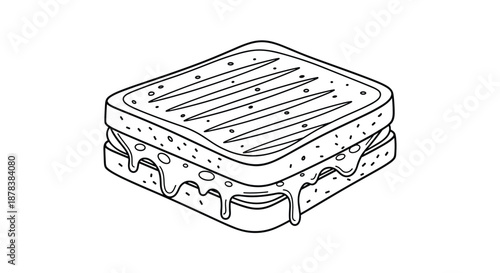 Line art illustration of a grilled cheese sandwich with melted cheese dripping from the sides, isolated on a white background.