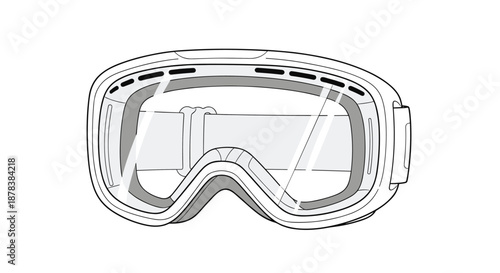 Line art drawing of a pair of professional ski or safety goggles with a wide lens and an adjustable strap, isolated on white.