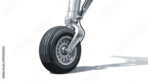 Close-up illustration of a heavy-duty airplane landing gear wheel with its tire, rim, and complex mechanical assembly, isolated on white.