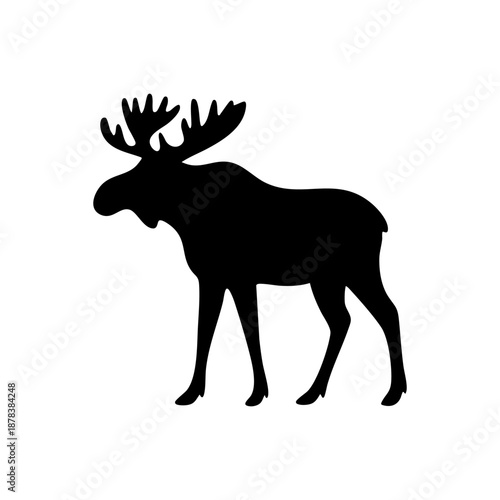 A majestic black moose silhouette stands proudly in profile on a clean white background.