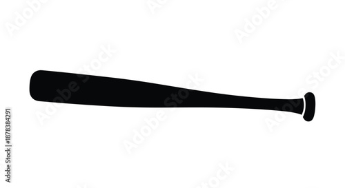 Solid black silhouette of a classic wooden baseball bat is presented horizontally against a plain white background for sports equipment design.