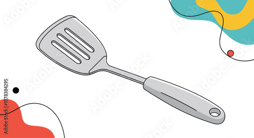 Stainless steel kitchen spatula with a grey handle rests against a modern background of colourful abstract shapes and curvy decorative lines.