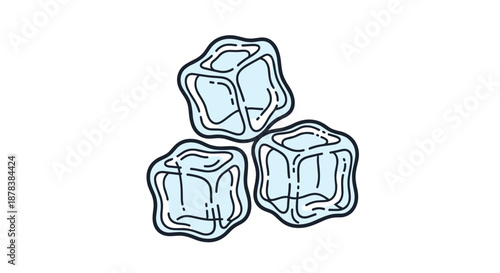 Three clear blue ice cubes are stacked together in a simple line art illustration to represent cold temperatures and refreshment in drinks.