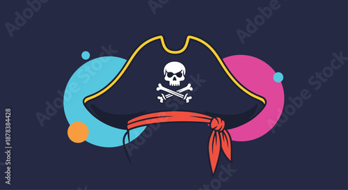 Traditional black pirate hat with a skull and crossbones emblem is shown over a colorful background of abstract circles for a fun design.