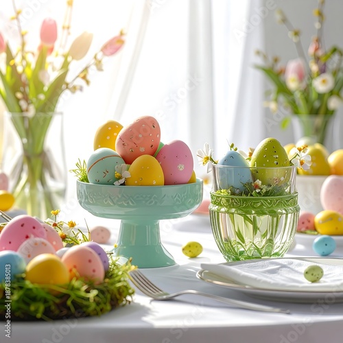 Bright Easter scene with decorated eggs in pastel colors on a table setting, lit by sunlight