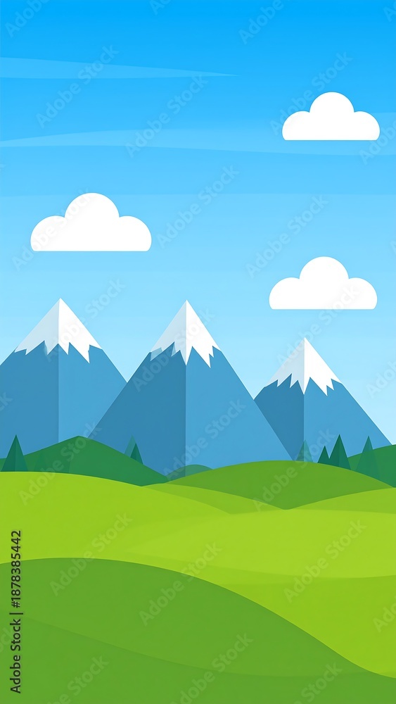 Fototapeta premium A serene landscape with rolling green hills, snow-capped mountains, and a clear blue sky with fluffy white clouds
