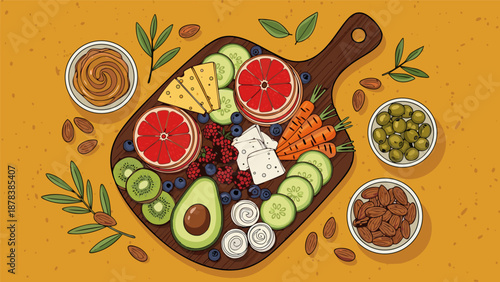 A vibrant overhead view of a healthy food platter featuring fresh fruits, vegetables, nuts, and cheese, perfect for a nutritious snack or meal