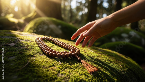Serene hand reaching for mala beads on moss-covered surface in sunlit forest outdoors, highlighting tranquility and connection to nature, hands holding