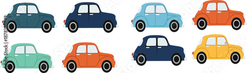 Cute cartoon car illustration set in different colors for kids, transportation, nursery and playful design projects
