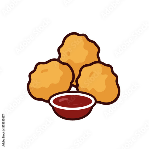 Flat icon of chicken nuggets with dipping sauce.