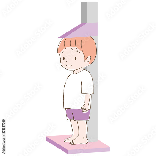 身長計に乗って計測している少年のイラスト