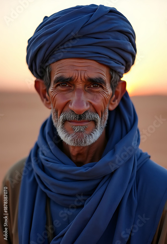 portrait of desert nomad man with weathered wrinkles, cobalt blue turban and high collar robe, sunset