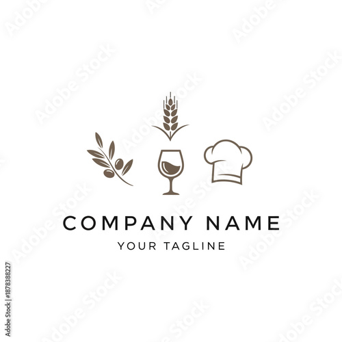 Wine Glass Olive Wheat Chef Hat Logo.
