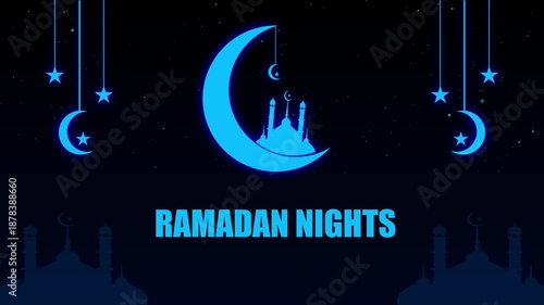 RAMADAN NIGHTS text animation with mosque and crescent moon designed for Islamic festival celebration on background.Sparkling light islamic greeting text motion background