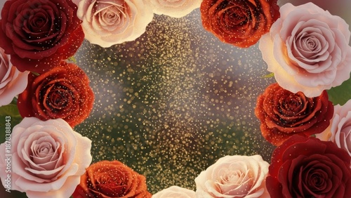 Close up of elegant roses arranged in a circular composition against a bokeh background