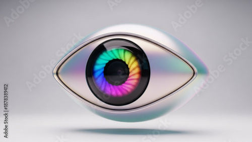 Vibrant robotic eye with rainbow iris and futuristic design