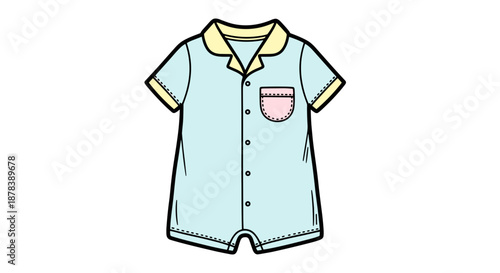 Illustration of a short sleep romper with a pastel yellow collar and pink pocket, isolated on a white background