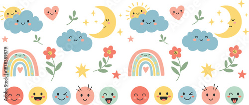 Cute kawaii sky seamless pattern vector with smiling clouds, moon, rainbow, stars and happy faces for kids designs