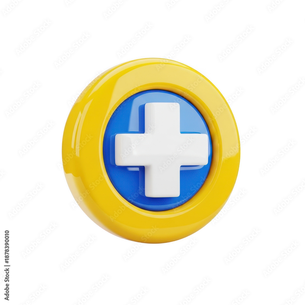 Obraz premium Blue plus sign inside yellow circle isolated on transparent background
