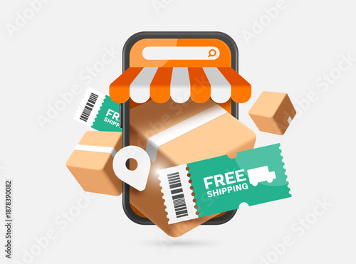 Green free shipping tag label or sign, parcel box or cardboard box display front smartphone or mobile store for promotion delivery, e commerce, online shopping advertising design, vector 3d isolated