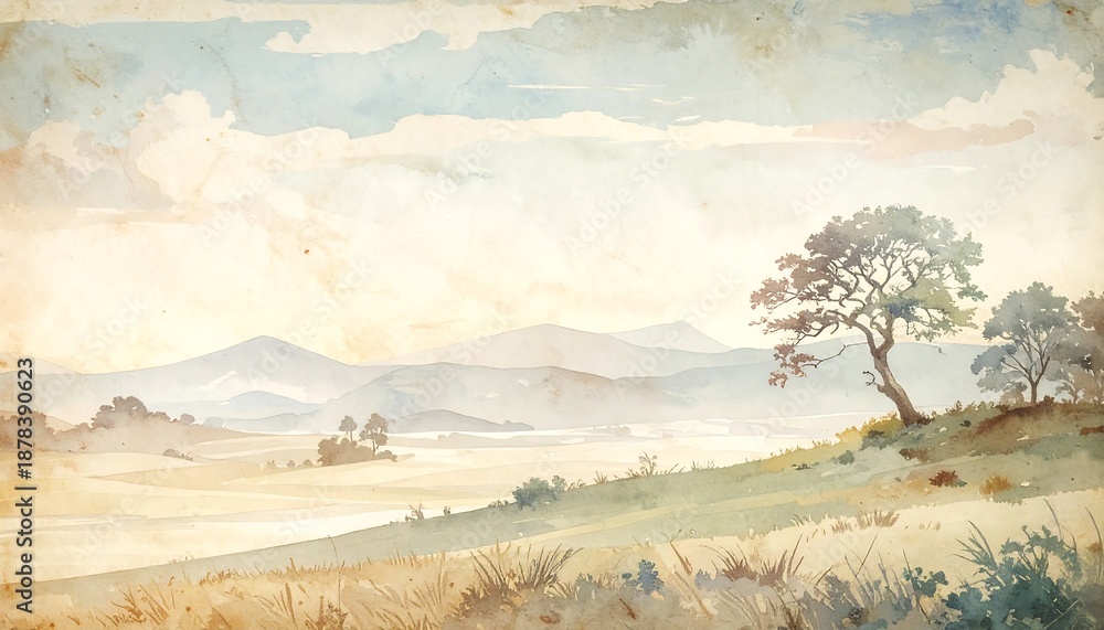 Fototapeta premium A serene landscape with a tree on a hill overlooking a valley